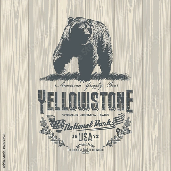 Obraz Медведь Гризли, Национальный парк Уеллоустоун, иллюстрация, вектор, на деревянном фоне