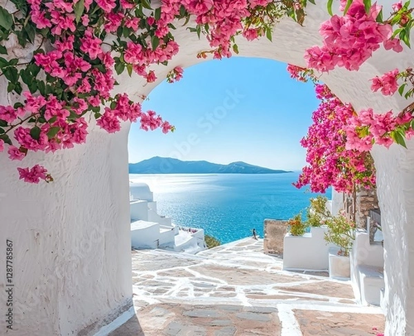 Obraz A whitewashed archway with pink flowers overlooks the Aegean Sea