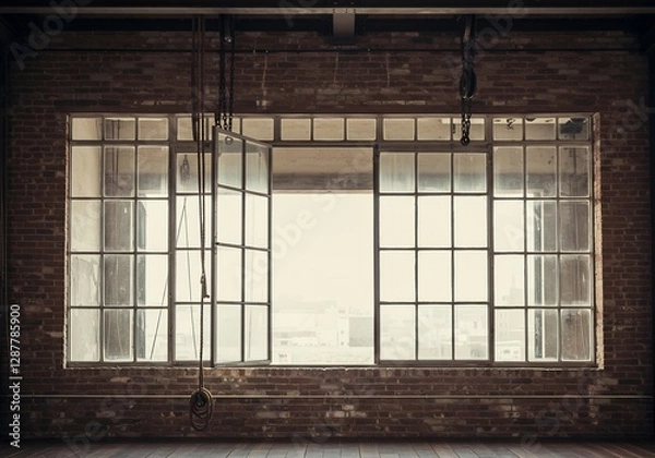 Obraz Soft light bathes open factory window panes. AI Generated