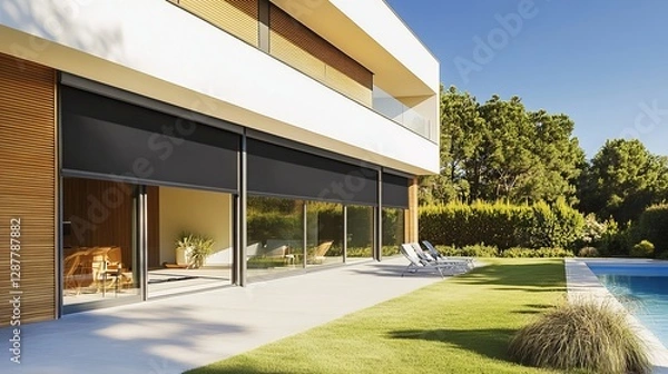 Obraz External roller blinds installed on modern windows, providing enhanced sun protection for house exteriors