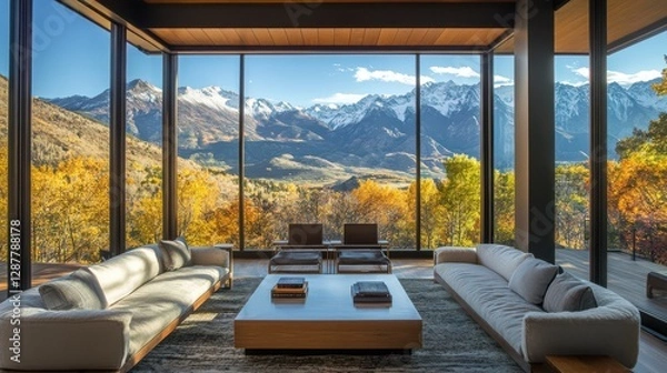 Obraz A spacious mountain retreat with floor-to-ceiling windows, offering panoramic views of lush valleys and snow-capped peaks.
