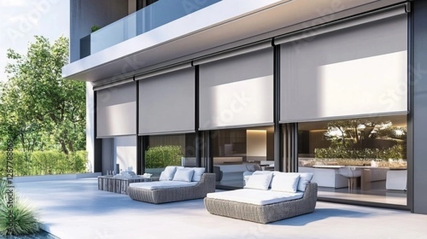 Obraz Roller blinds covering the windows of a modern house, ensuring both privacy and exterior aesthetic appeal