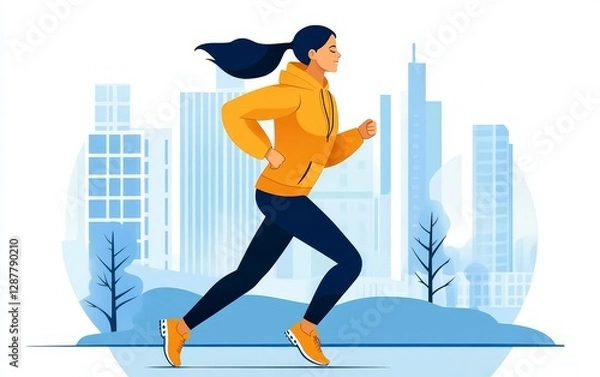 Fototapeta Young woman jogging in a cityscape with modern buildings and trees in the background