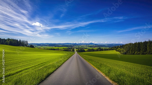 Obraz Wide road into distance, flanked by green fields and blue sky. High-definition, horizontal composition. Serene beauty.