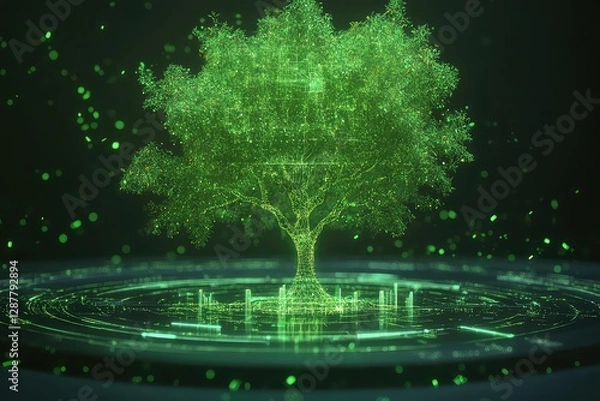 Fototapeta A futuristic financial concept with a digital hologram of a green tree, symbolizing carbon credit investments and sustainability.