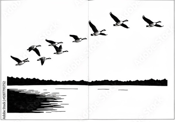 Obraz Elegant Geese Fly Gracefully Over Calm Lake. AI Generated