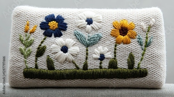 Fototapeta Embroidered floral cushion on fabric background