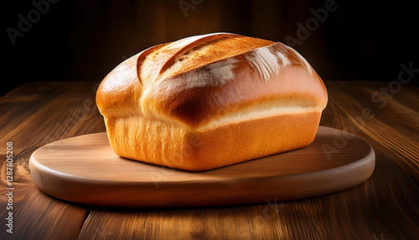Fototapeta A golden-brown loaf of freshly baked bread rests on a round wooden cutting board, illuminated against a dark, moody background, showcasing its rustic texture and warm tones.