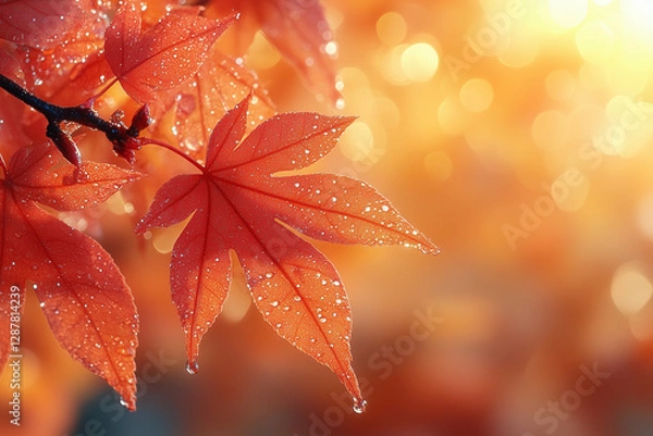 Obraz A close-up of vibrant red maple leaves glistening with dew drops, bathed in warm sunlight, capturing the beauty and tranquility of autumn