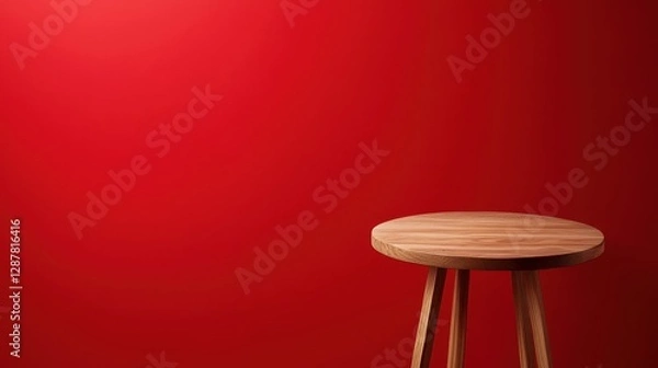 Fototapeta Showcase of minimalist wooden table against vibrant red background in studio setting