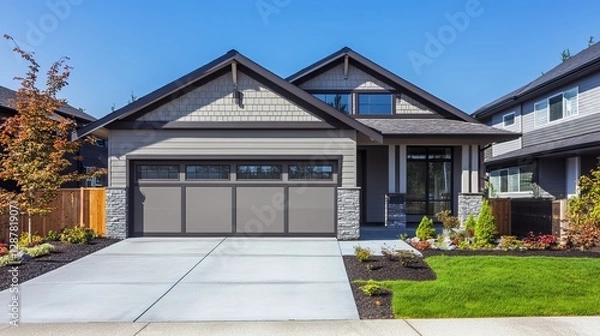 Obraz A newly constructed American home with a wide double garage door and a concrete driveway, combining functionality and modern design