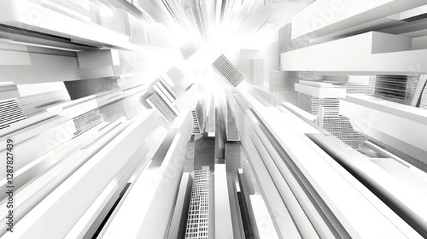 Obraz White futuristic city explosion, data stream background