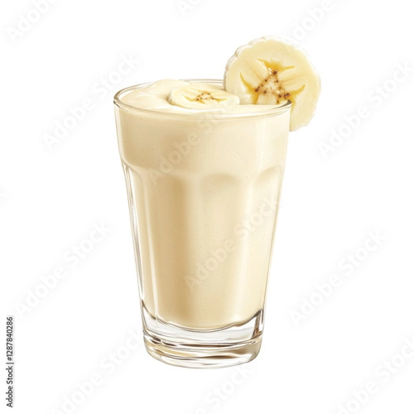 Fototapeta Creamy banana smoothie in glass, topped with banana slices, perfect for refreshing drink. Enjoy delicious blend of flavors