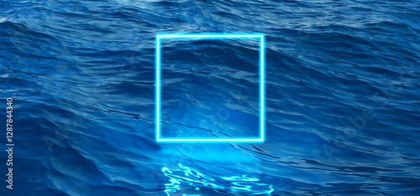 Obraz Abstract background of glowing blue neon square frame over dark blue ocean