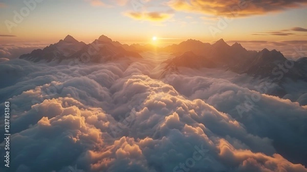 Fototapeta A breathtaking aerial view of a vast mountain range rising above the clouds, golden sunrise casting a warm glow on the peaks, with layers of mist flowing through the valleys, surreal and tranquil 