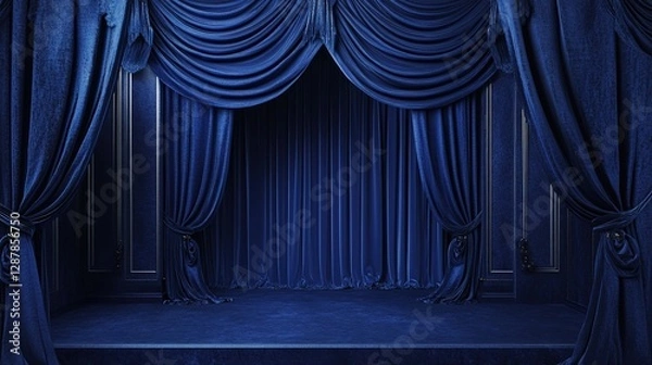 Fototapeta Blue velvet theater curtains on an empty stage, space for text