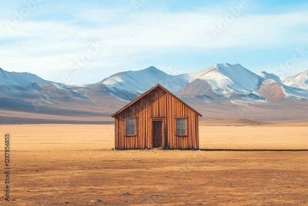 Obraz Lonely rustic cabin situated amidst a barren landscape with towering mountains on the horizon