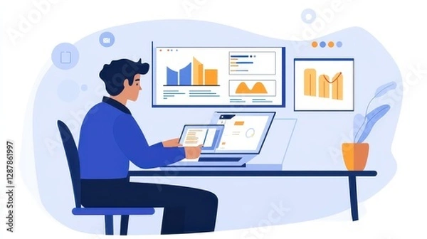 Fototapeta A businessman using his laptop to monitor website performance and digital marketing analytics, with metrics on user engagement, traffic, and conversion rates.