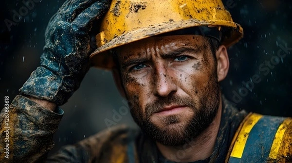 Obraz A focused construction worker in safety gear wearing a hard hat while working on a construction site in daylight