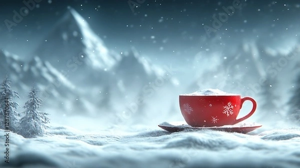 Fototapeta Red cup snow mountains scene