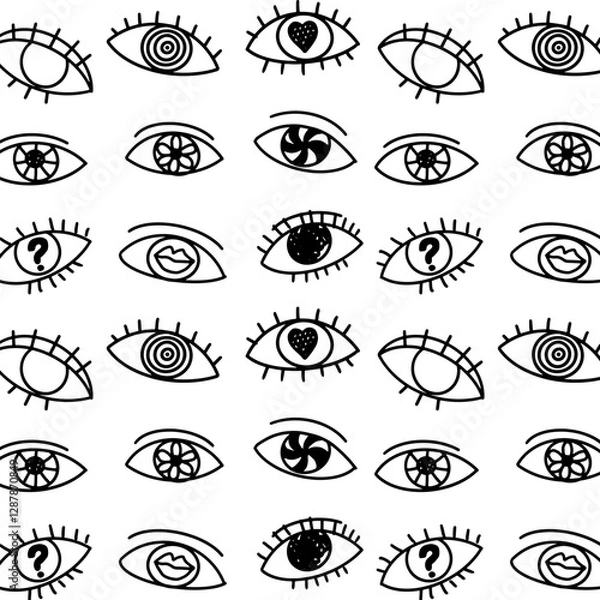 Fototapeta Outline doodle  eyes pattern. Simple doodle. Hand drawn sketch.