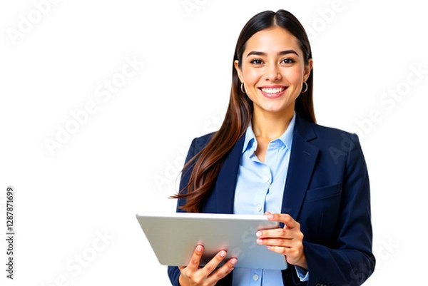 Fototapeta Smiling businesswoman portrait holding tablet. Professional headshot, studio shot isolated on transparent background. Ideal for corporate, tech, or business concepts.