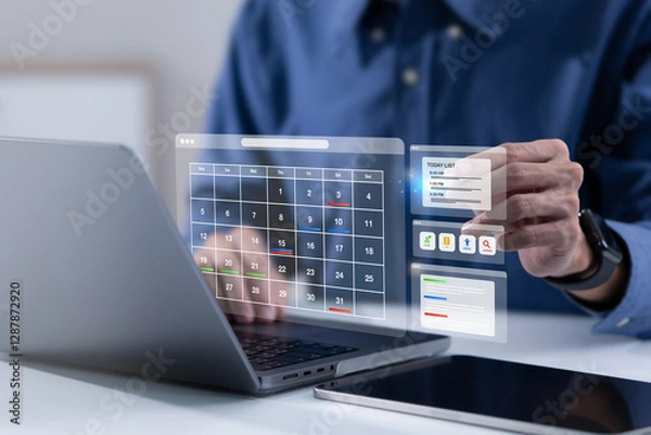 Fototapeta Time management concept. Reminder appointment. Planning Calendar Agenda work schedule and Project management for effective work.  workflow plan, and Organize schedules and important dates.