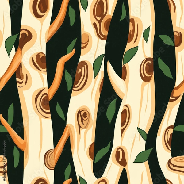 Fototapeta Seamless forest pattern with trees, branches, leaves, wood grain, bark, nature, and dark background