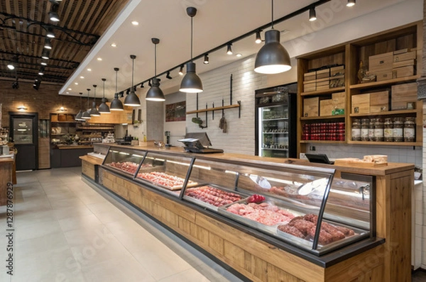 Obraz Modern butcher shop interior featuring fresh meat displayed in glass cases, wooden counters, and stylish industrial lighting for a clean, inviting setting