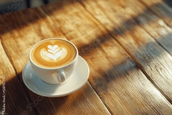 Fototapeta Coffee Drink with Heart Design On Wooden Surface In Light