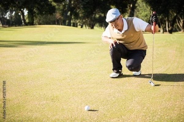 Fototapeta Side view of golfer crouching and looking his ball