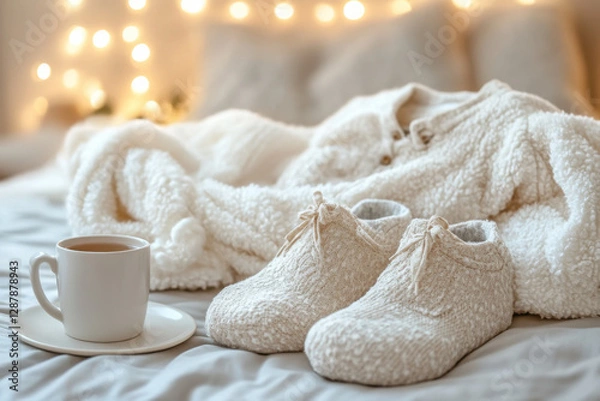 Fototapeta Warm pajama set with soft slippers on a cozy bed in natural light.