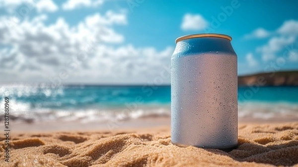 Fototapeta Can of soda is sitting on the sand at the beach. The can is wet and the ocean is in the background