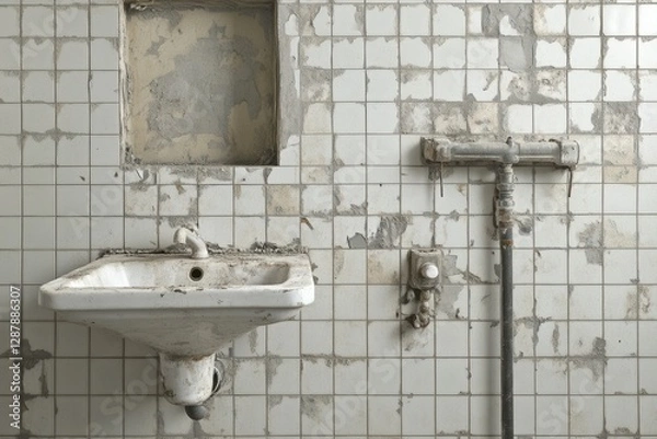 Fototapeta Modern bathroom renovation with exposed tiles and plumbing in progress. Generative AI