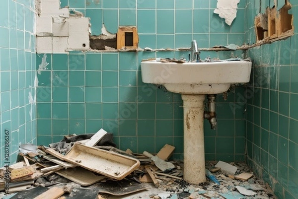 Fototapeta Modern bathroom renovation project with turquoise tiles and debris in progress. Generative AI