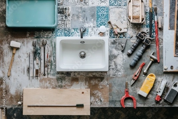 Fototapeta Modern bathroom renovation underway with tools and materials scattered on the floor. Generative AI