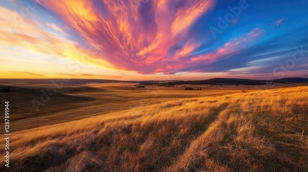 Fototapeta A colorful sunset sky over a vast open field, casting long shadows and a warm glow across the landscape.