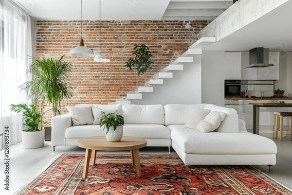 Fototapeta Stylish living area featuring a newly built brick accent wall and modern decor elements in a cozy home. Generative AI