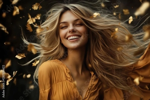 Fototapeta Joyful woman dancing with falling leaves outdoor setting lifestyle photography natural environment close-up perspective