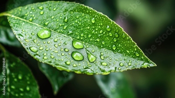 Fototapeta A fresh green leaf with rain droplets perched on its edges, casting reflections on the surface.