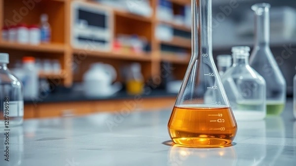 Fototapeta a scientific laboratory environment showing a beaker and an Erlenmeyer flask with a golden liquid, with a blurred background and a wet workbench.