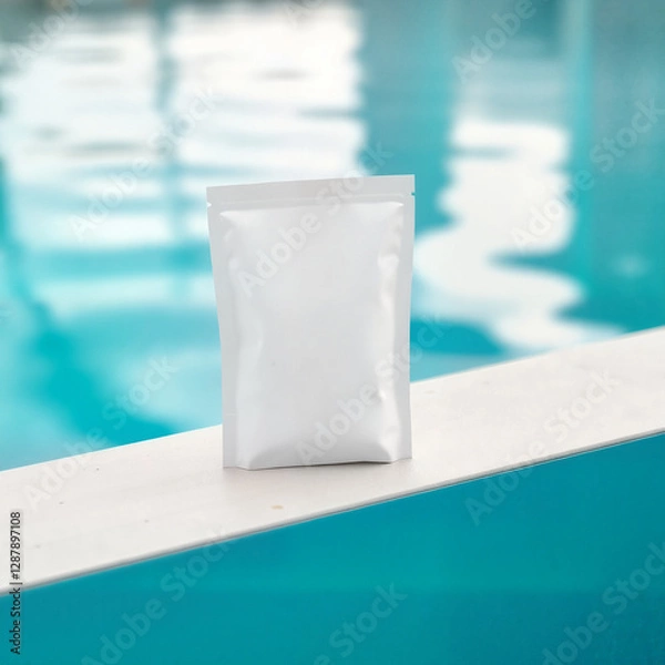 Fototapeta Chic and modern product package  arranged on a simple background near a sunlit swimming pool, aesthetic summer branding, soft blue hues