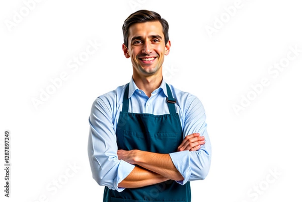 Fototapeta Smiling middle-aged man portrait in apron. Isolated on transparent background. Use for retail, service industry, website hero, online ads. Friendly worker.