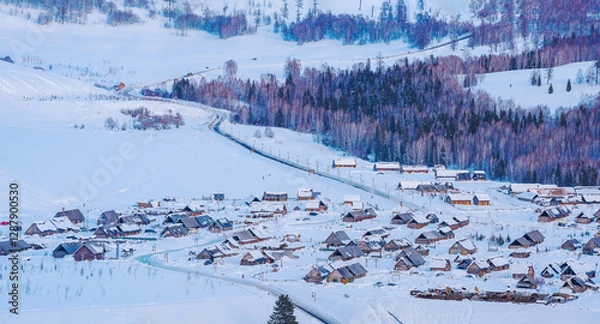 Fototapeta Hemu Village, Snowy Mountains, Forests, and Winter Snow Scenery in Xinjiang Uygur Autonomous Region, China On March 1st, 2023