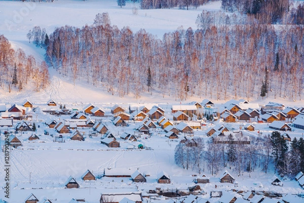 Fototapeta Hemu Village, Snowy Mountains, Forests, and Winter Snow Scenery in Xinjiang Uygur Autonomous Region, China On March 1st, 2023
