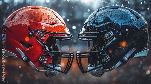 Fototapeta Clash of the Titans: Two American football helmets face off, their metallic surfaces gleaming with a touch of ice, symbolizing the intensity of the sport and the battle for victory.