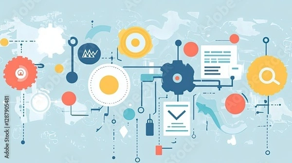 Fototapeta A visual concept of a software pipeline with automated testing and deployment icons.