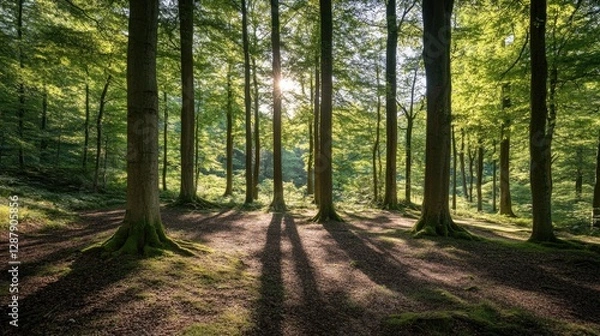 Fototapeta A woodland filled with tall trees and dense underbrush, where sunlight and shadows dance across the ground.