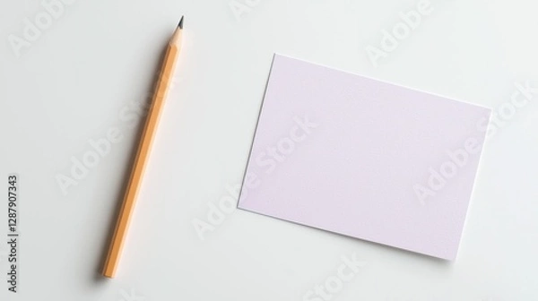 Fototapeta Minimalistic setup with a blank card and pencil on a white background, perfect for design or note-taking concepts.