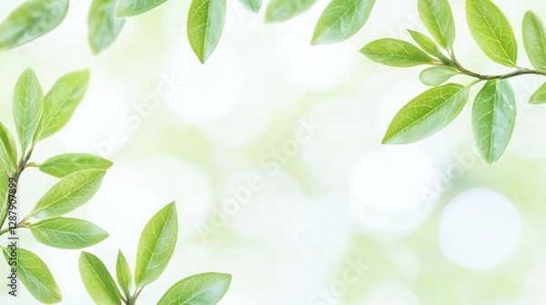 Fototapeta Bright Green Leaves Frame on Soft Bokeh Background